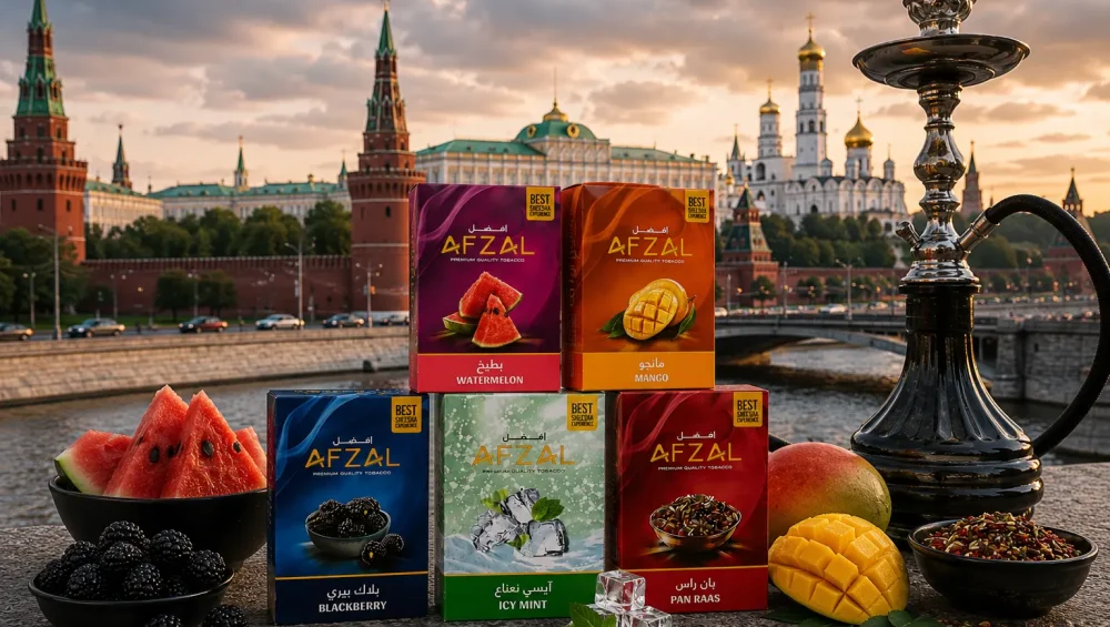 Bulk Afzal shisha tobacco flavors including Pan Raas, Icy Mint, and Mango in Russia