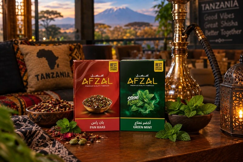 Afzal shisha tobacco wholesale supply in Tanzania featuring Pan Raas and Green Mint flavours